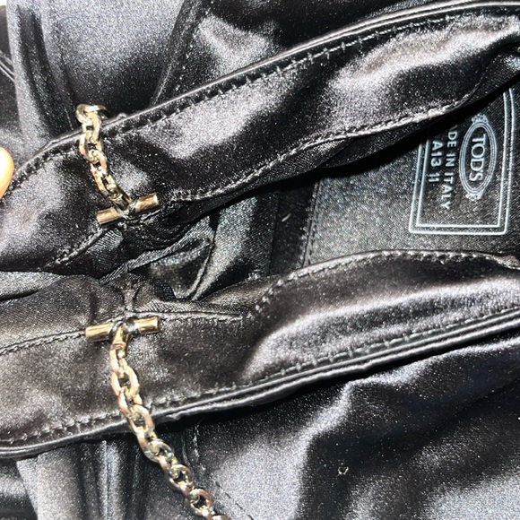 Vintage Tod\'s Black Satin Crystal Embellished Flap Chain Clutch